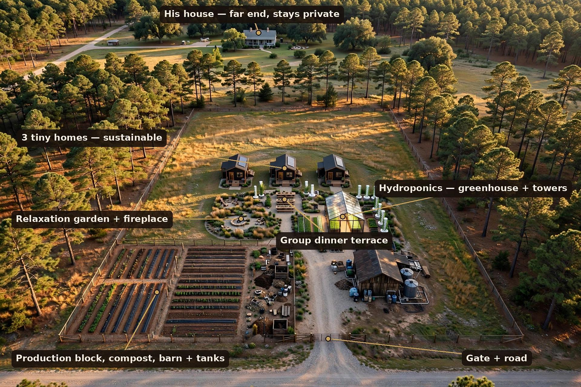 Aerial master-plan render of the Newton agri-retreat: tiny homes, hydroponics, relaxation garden, dinner terrace, production block, gate and road