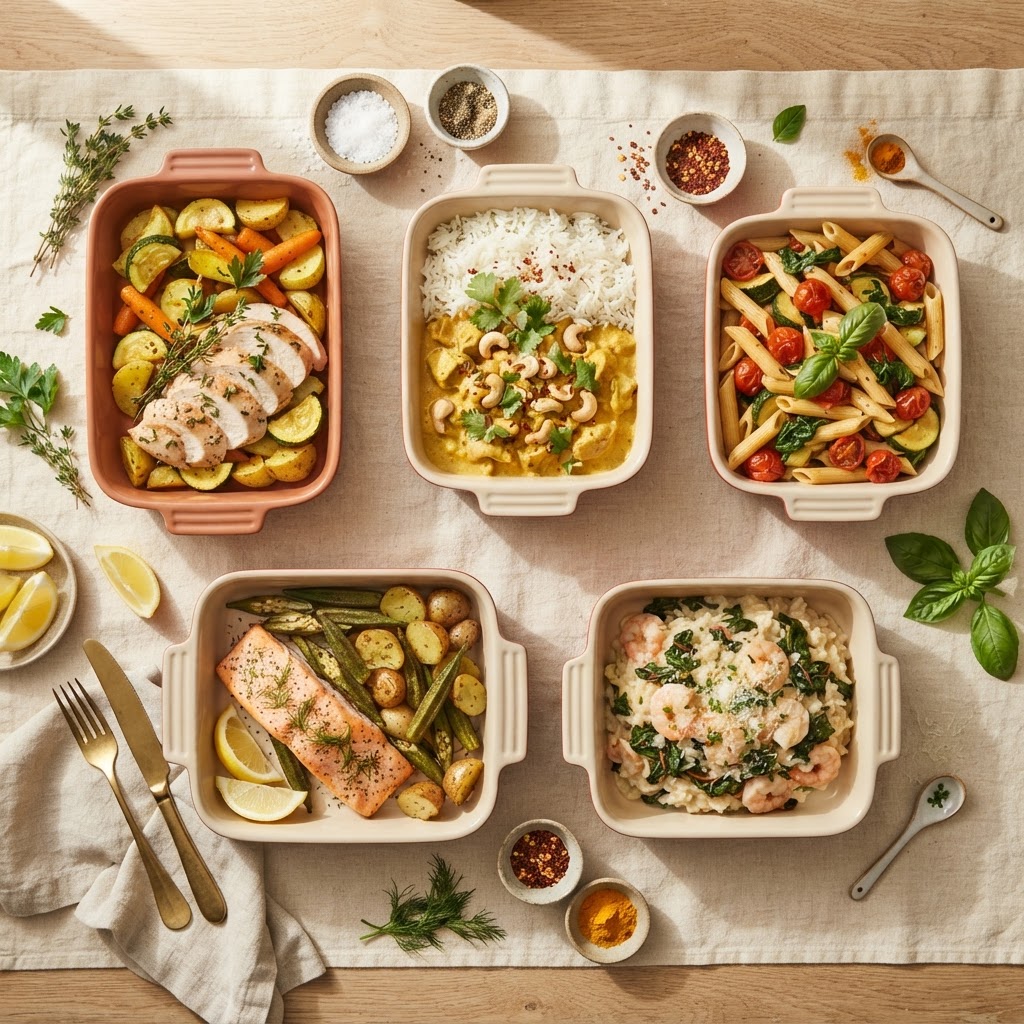 A farm-to-table meal-prep spread of five portioned dinners arranged on a cream linen surface.