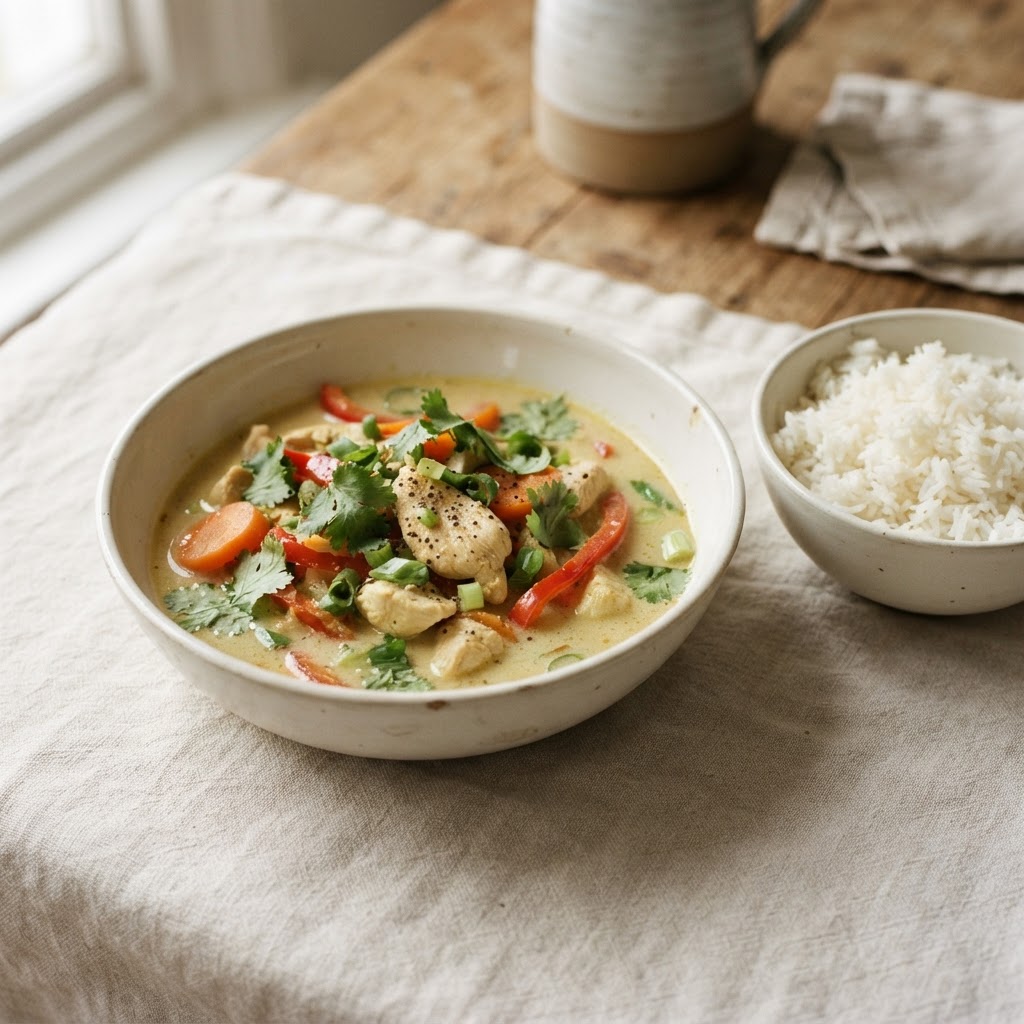 Mild coconut chicken curry with carrots and fresh cilantro in a cream stoneware bowl beside a bowl of basmati rice.