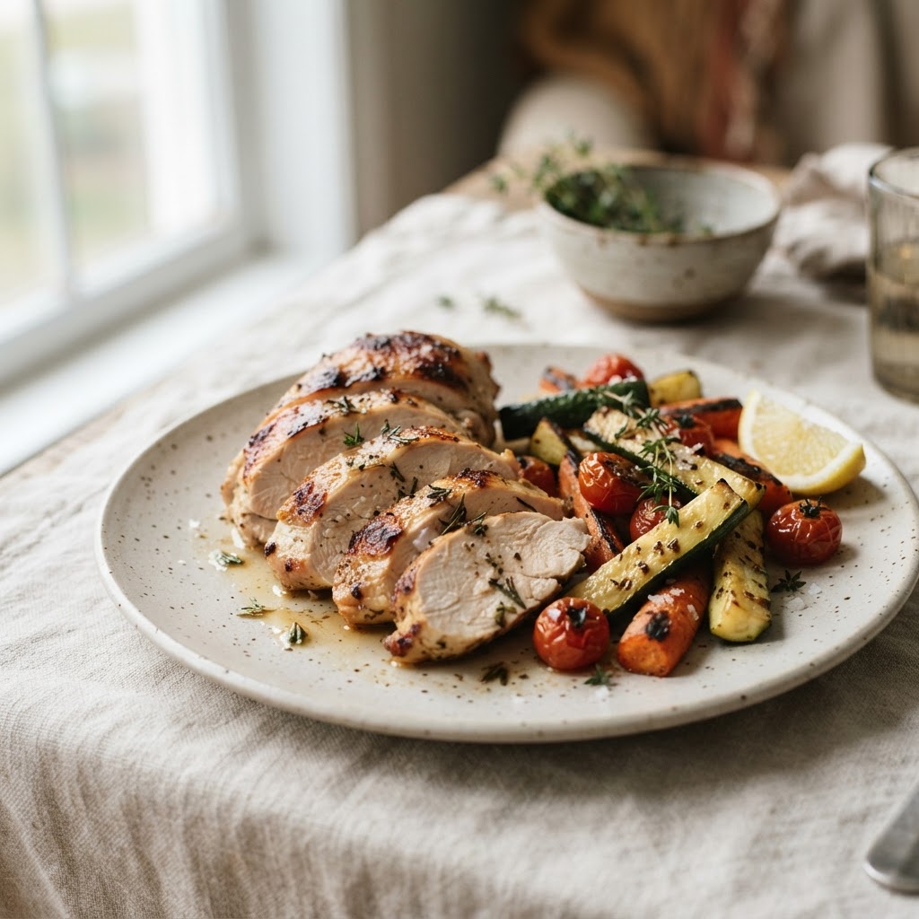 Herb-roasted chicken breast with roasted zucchini, carrots, lemon, and fresh thyme on a speckled plate.