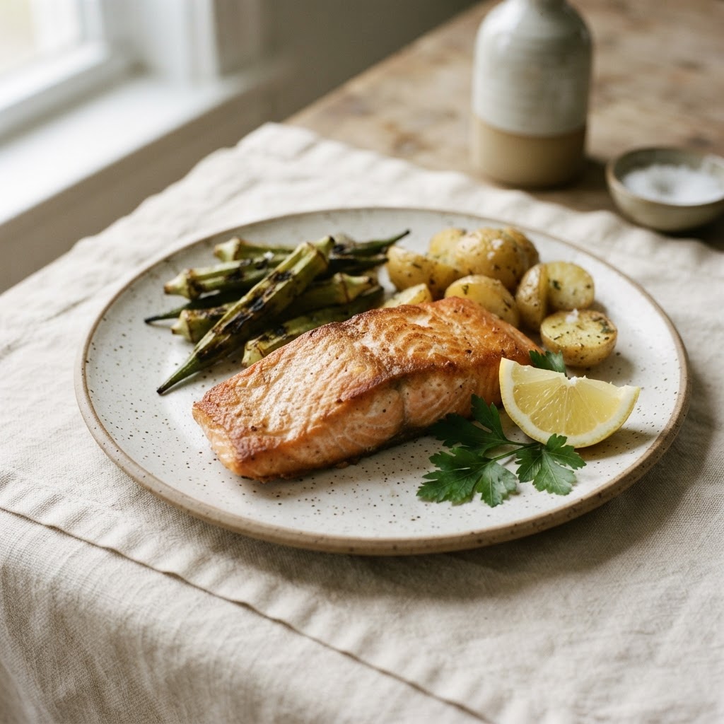 Pan-seared lemon herb salmon with roasted okra and golden baby potatoes on a speckled plate.