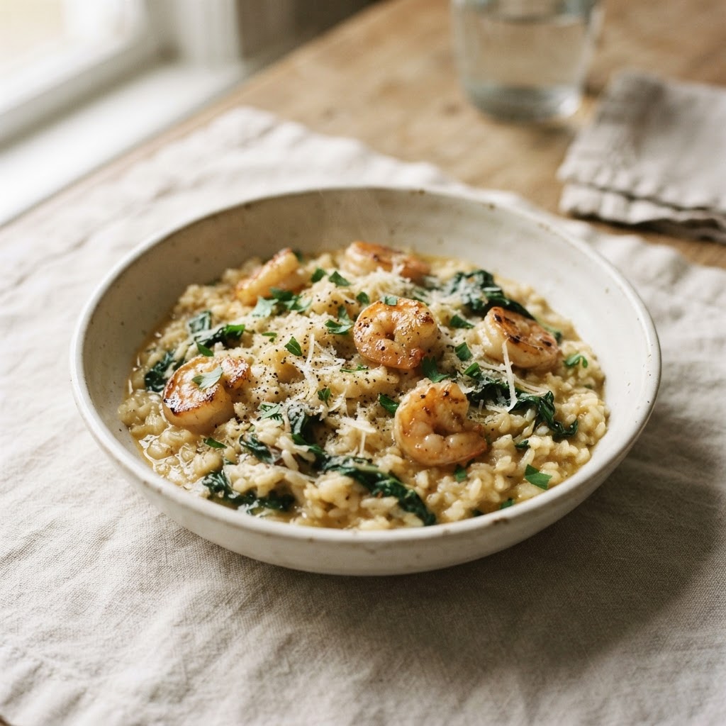 Creamy shrimp and Swiss chard risotto topped with seared shrimp and parmesan in an off-white stoneware bowl.
