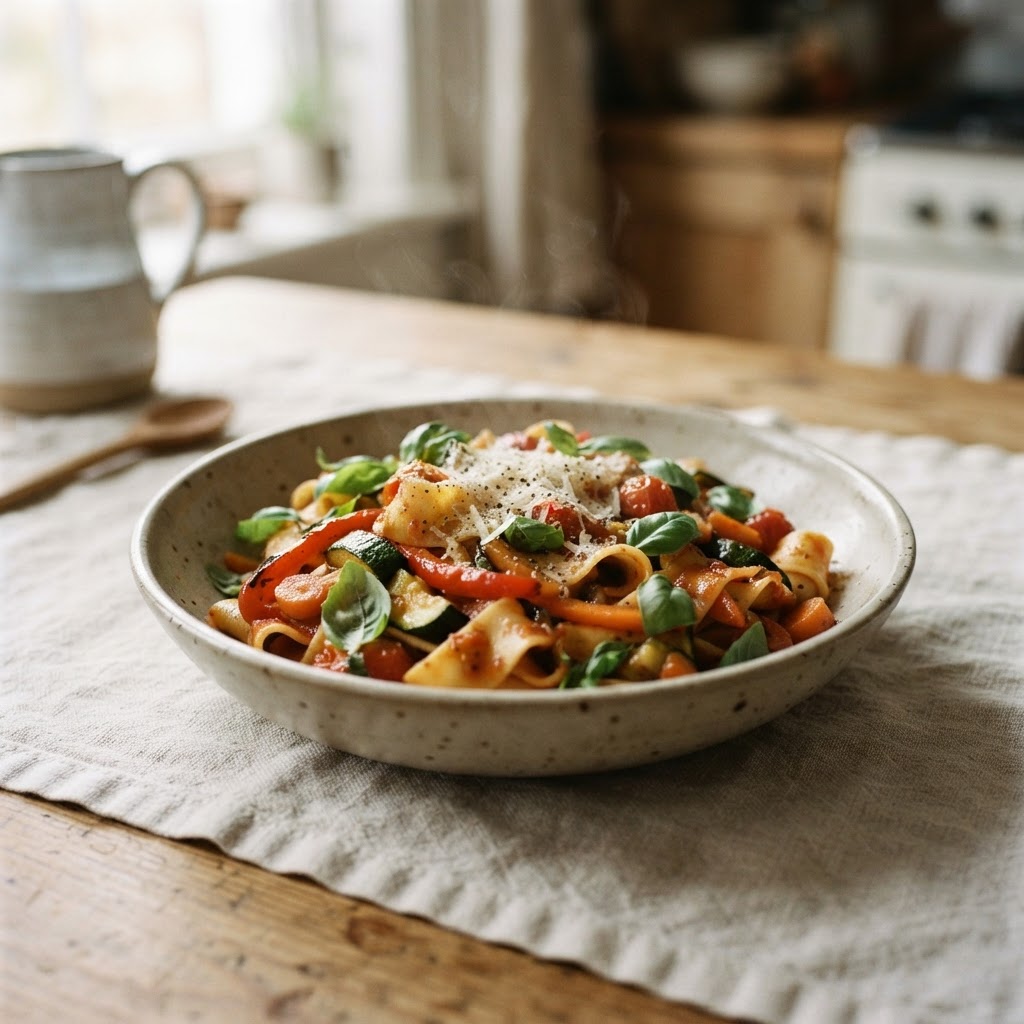Spaghetti in a garlic tomato sauce with zucchini, bell pepper, carrot, and fresh basil, topped with parmesan.